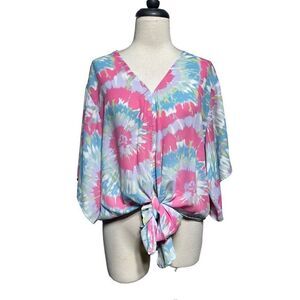 Adrienne Short Sleeve V Neck Tie Dye Blouse Size Small